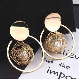 Gold Geometric Earrings with Pearls Double-Circle Design